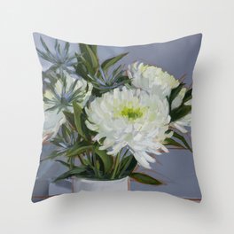 White Chrysanthemums and Blue Eryngium Throw Pillow