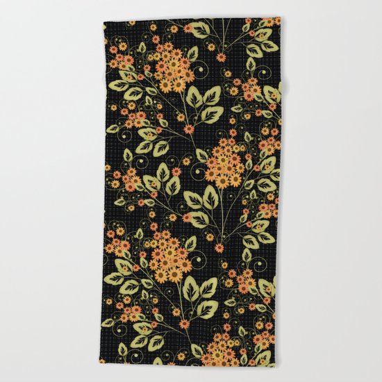 Bright floral pattern on a black background. Beach Towel
