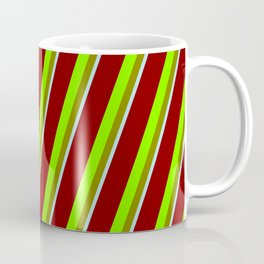 [ Thumbnail: Maroon, Chartreuse, Green & Powder Blue Colored Striped/Lined Pattern Coffee Mug ]