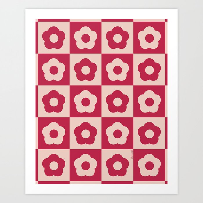 Viva Magenta Checkered Flowers Art Print