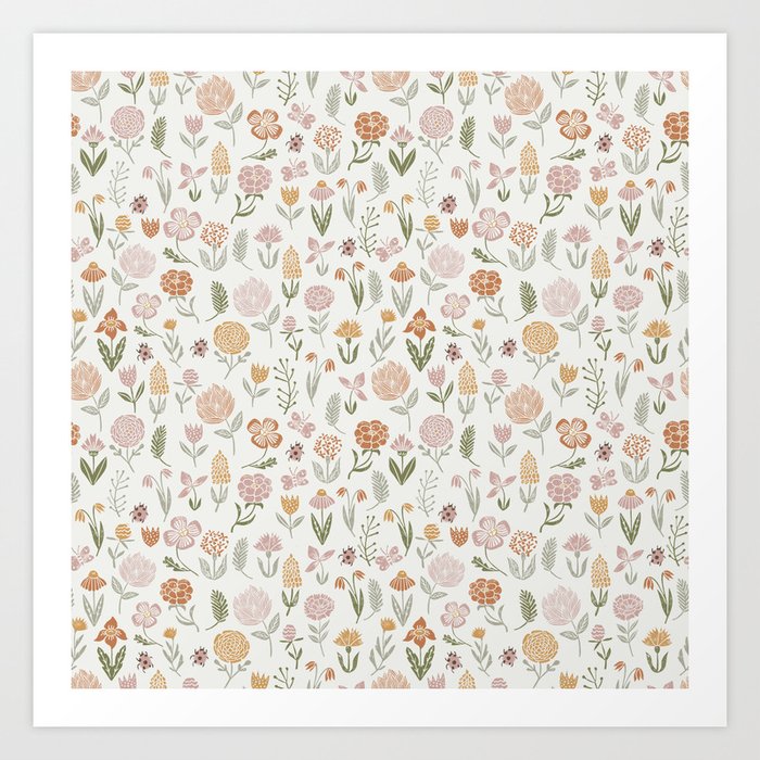 Botanical Woodcut - floral daisies, ditsy woodcut, boho, fall, autumn, flowers Art Print