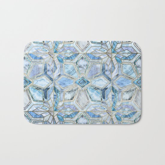 Geometric Gilded Stone Tiles in Soft Blues Bath Mat