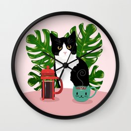 Tuxie Cat and Coffee Wall Clock | Digital, Coffeecat, Frenchpress, Tuxedocat, Frenchpresscat, Blackandwhitecat, Coffee, Plants, Illustration, Painting 