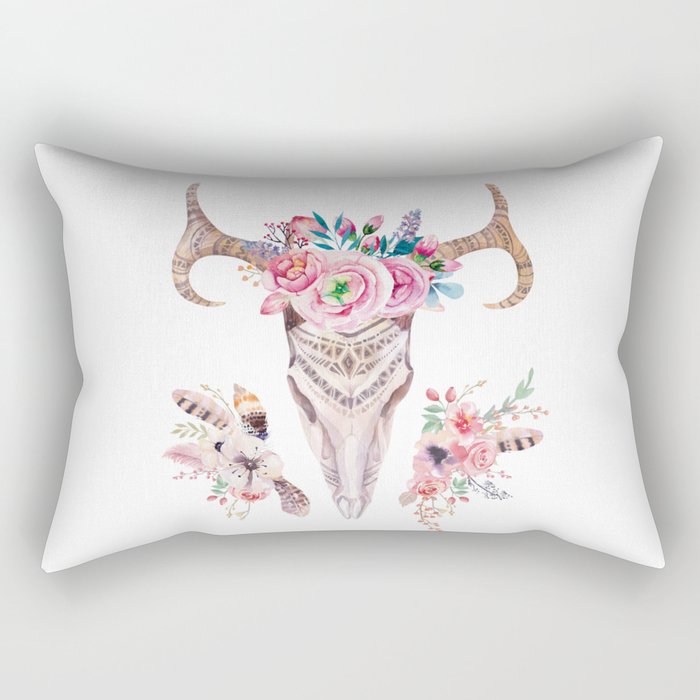 Deer skull with feathers and flowers Rectangular Pillow