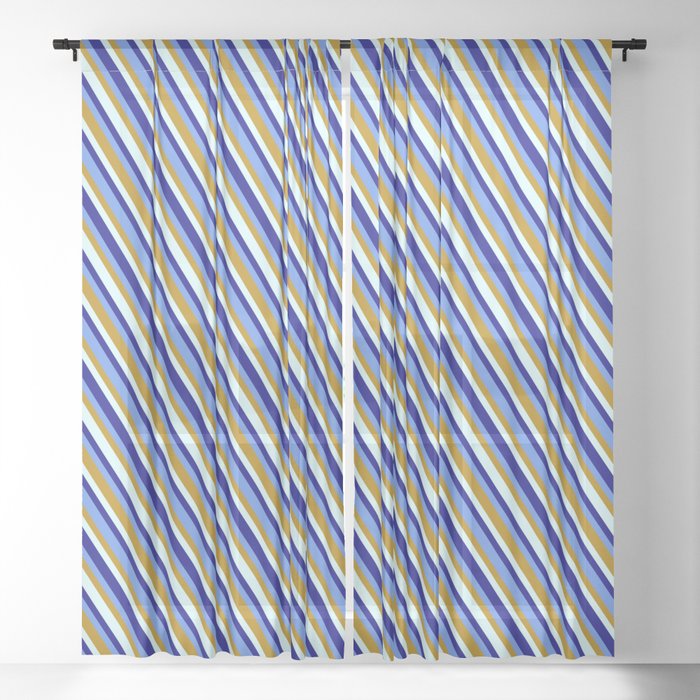 Light Cyan, Blue, Cornflower Blue & Dark Goldenrod Colored Pattern of Stripes Sheer Curtain
