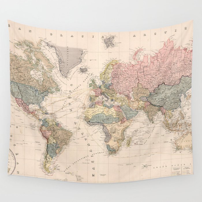 Vintage Map of The World (1852) Wall Tapestry