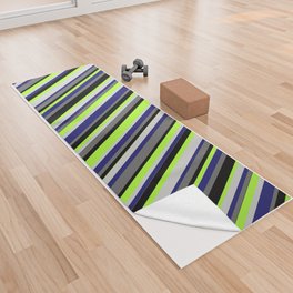 [ Thumbnail: Colorful Midnight Blue, Light Gray, Light Green, Black, and Dim Grey Colored Stripes/Lines Pattern Yoga Towel ]