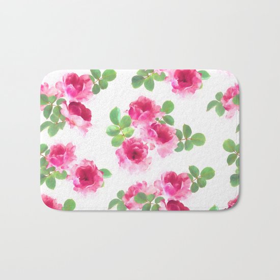 Raspberry Pink Painted Roses on White Bath Mat