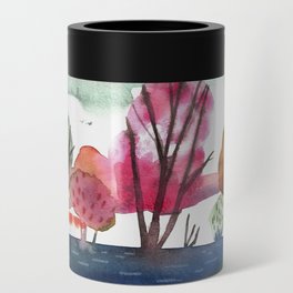 River Landscape Watercolor Painting Can Cooler