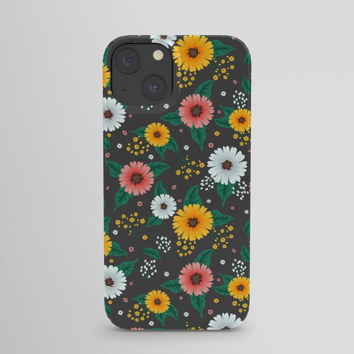 Colorful Spring Flowers Pattern in Dark Grey Background iPhone Case
