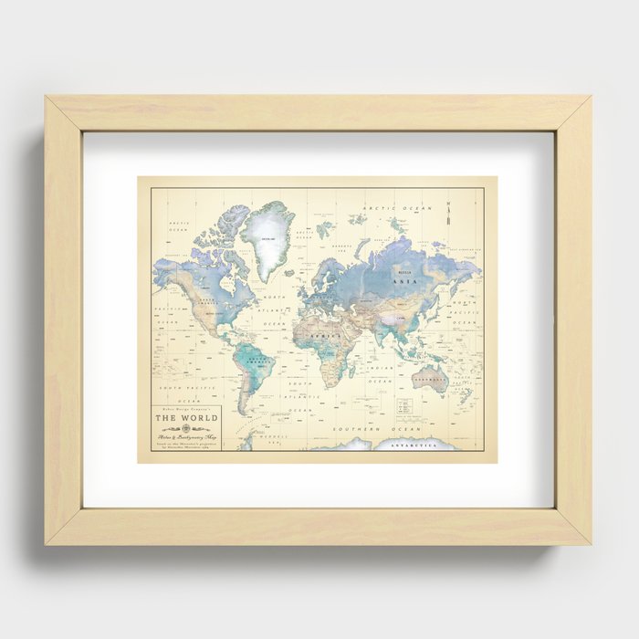 Antique Inspired World Map [shaded relief] Recessed Framed Print by