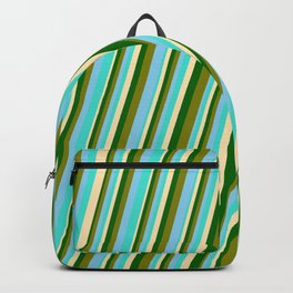 [ Thumbnail: Turquoise, Beige, Dark Green, Green & Sky Blue Colored Pattern of Stripes Backpack ]