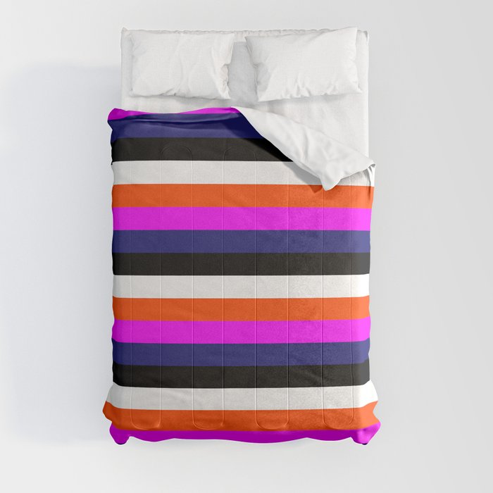 Vibrant White, Red, Magenta, Midnight Blue, and Black Colored Striped/Lined Pattern Comforter