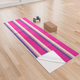 [ Thumbnail: Colorful Dark Slate Blue, Deep Pink, Light Yellow, Hot Pink & Light Blue Colored Lined Pattern Yoga Towel ]