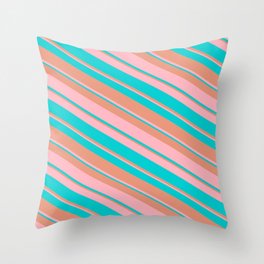 [ Thumbnail: Dark Salmon, Light Pink & Dark Turquoise Colored Stripes Pattern Throw Pillow ]