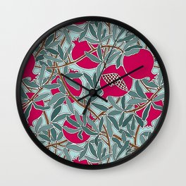 Pomegranates, Fruit, Leaves, Branches in Teals and Fuchsia Wall Clock