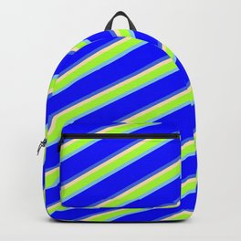 [ Thumbnail: Beige, Light Green, Sky Blue, Blue & Royal Blue Colored Pattern of Stripes Backpack ]