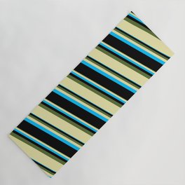 [ Thumbnail: Dark Olive Green, Pale Goldenrod, Deep Sky Blue, and Black Colored Pattern of Stripes Yoga Mat ]