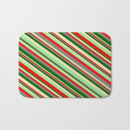 [ Thumbnail: Eyecatching Light Green, Red, Gray, Dark Green, and Tan Colored Lined/Striped Pattern Bath Mat ]