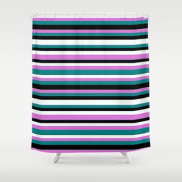 [ Thumbnail: Orchid, Teal, Black, and Mint Cream Colored Striped/Lined Pattern Shower Curtain ]