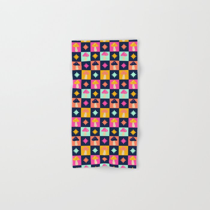 Bright mushroom checks with stars - navy, hot pink, yellow, orange Hand & Bath Towel