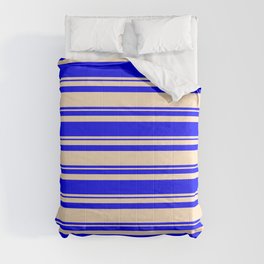 [ Thumbnail: Bisque and Blue Colored Lined/Striped Pattern Comforter ]