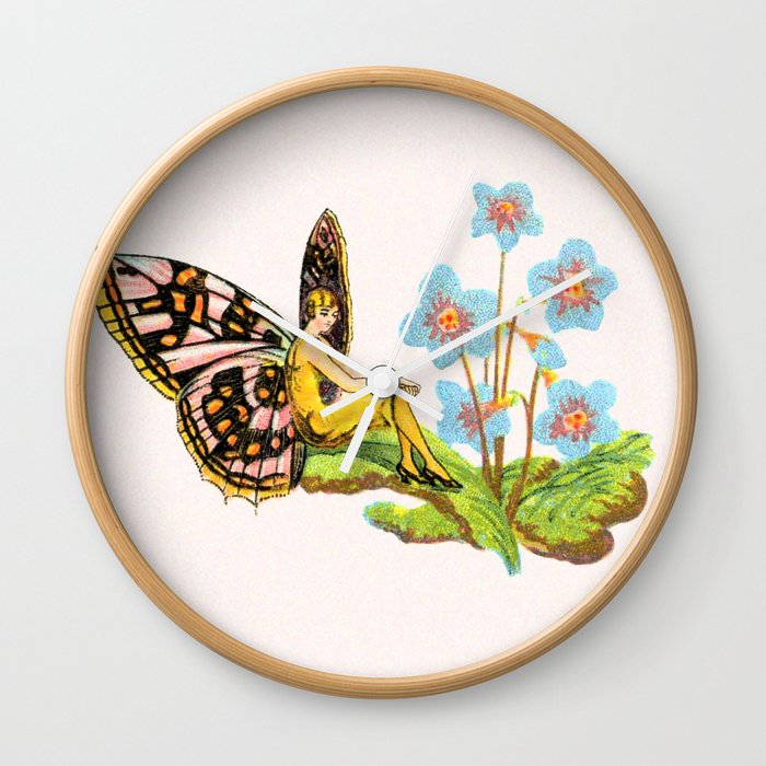 Butterfly Girl with Blue Flowers Wall Clock