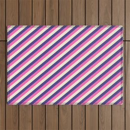 [ Thumbnail: Beige, Dark Slate Blue & Hot Pink Colored Lined/Striped Pattern Outdoor Rug ]