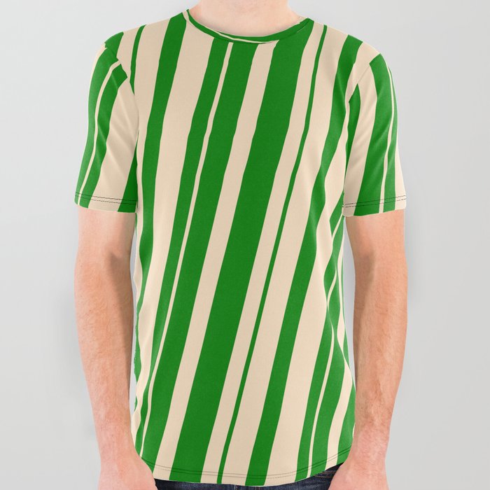 Green & Bisque Colored Striped Pattern All Over Graphic Tee