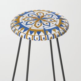 Metallic Blue and Gold Acrylic Painting Mandala Square with White Background Counter Stool