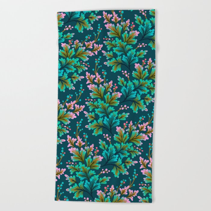 Frilled Foliage - Emerald / Pink Beach Towel