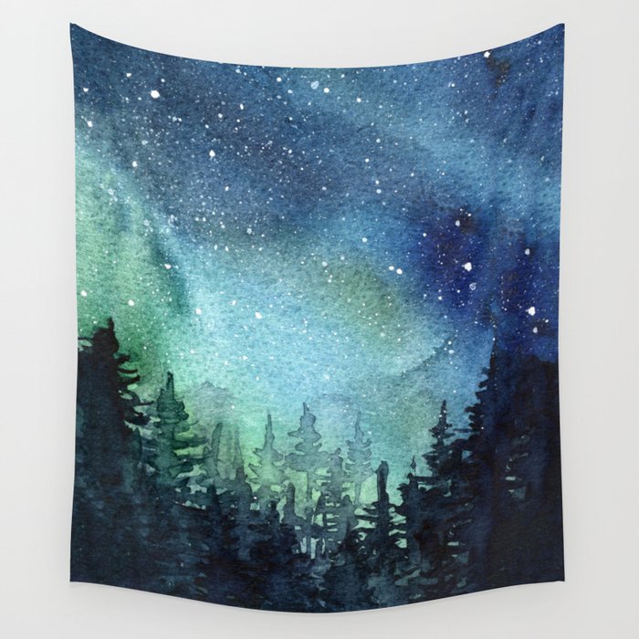 Galaxy Watercolor Aurora Borealis Painting Wall Tapestry By