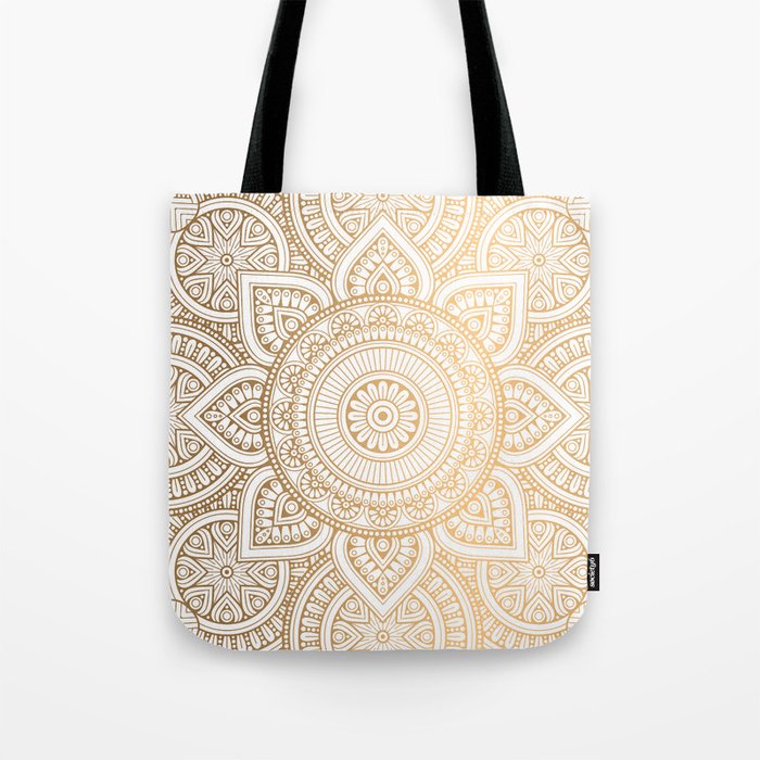 Gold Mandala Pattern Illustration With White Shimmer Tote Bag