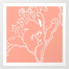 Crow in a tree peach color Art Print | Nature, Bird, Digital, Peach, Crow, Design, Flat, Branches, Pink, White 