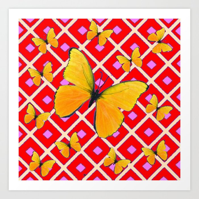 Yellow Butterflies on Red Patterned Art Art Print