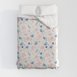 Blush Pink and Dusty Blue Watercolor Florals Duvet Cover