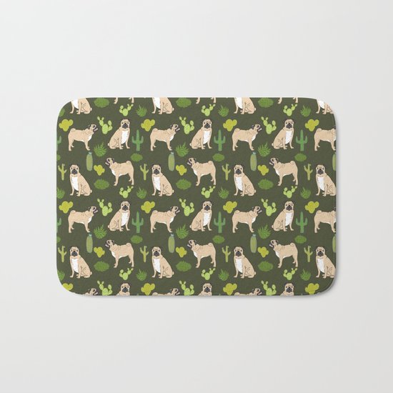 Pug Cactus succulent southwest cute children fur baby pug dog art pet portrait funny animals Bath Mat