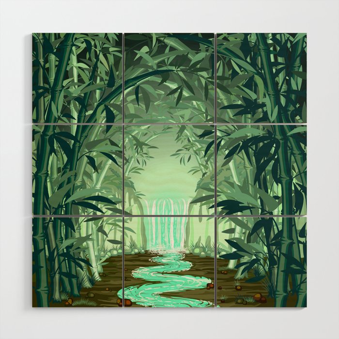 Fluorescent Waterfall on Surreal Bamboo Forest Wood Wall Art