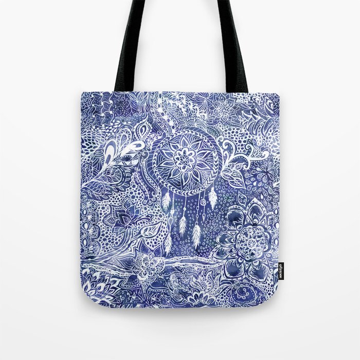 Boho blue dreamcatcher feathers floral illustration Tote Bag