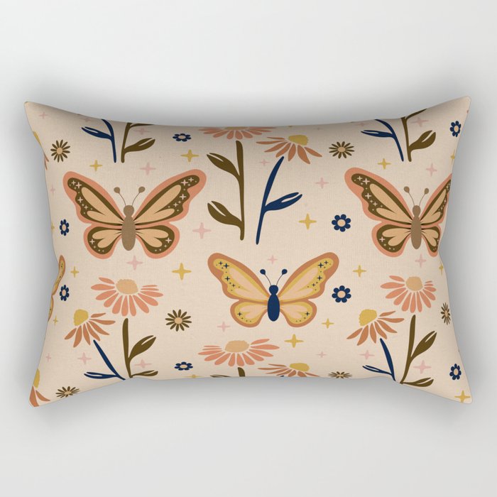 Retro Butterflies pattern - Daisy field Rectangular Pillow