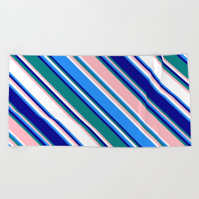 Colorful Blue, Dark Blue, Teal, Light Pink, and White Colored Lines Pattern Beach Towel