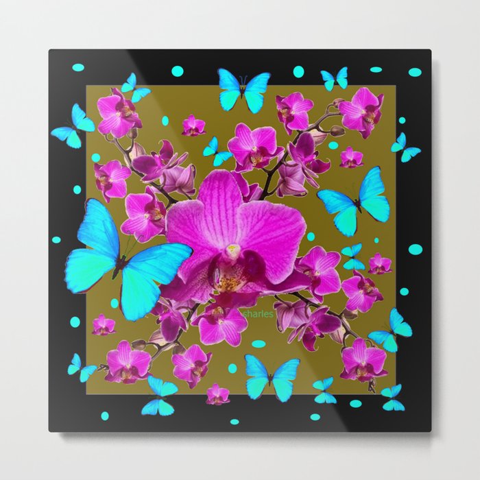 Blue Butterfly Pink Orchids Black Fantasy Drsign Metal Print