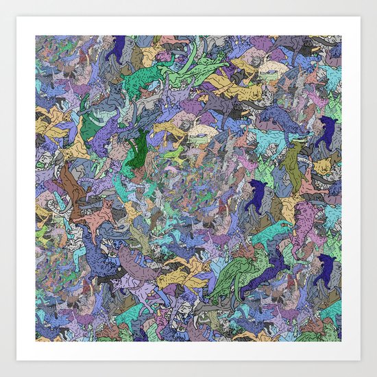 Neon Cats Blue Moon Sea Twilight Art Print