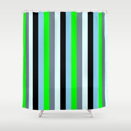 [ Thumbnail: Eye-catching Slate Gray, Lime, Sky Blue, Black & Light Cyan Colored Striped Pattern Shower Curtain ]