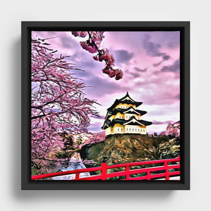 Hirosaki Castle Japan Digital Painting Framed Canvas