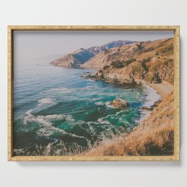 blue water on golden california coast Serving Tray
