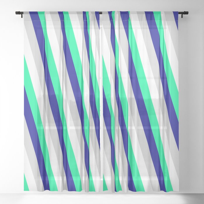 White, Green, Dark Blue & Light Grey Colored Lines Pattern Sheer Curtain