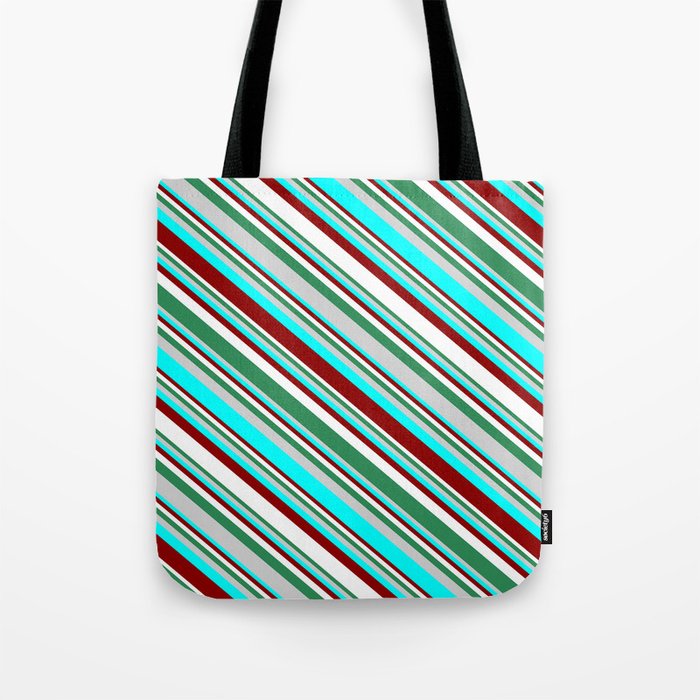 Eyecatching Sea Green, Light Grey, Cyan, Dark Red, and White Colored Lines Pattern Tote Bag
