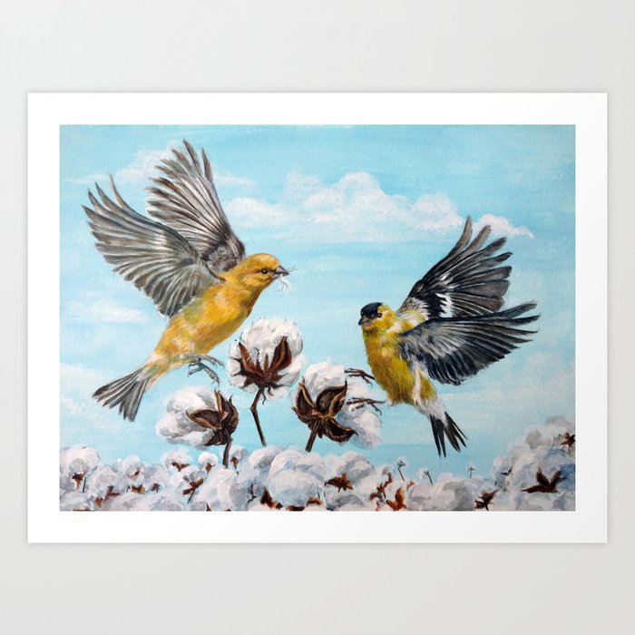 Golden Finches Picking Cotton Art Print