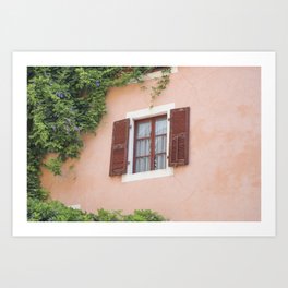 Old shutters and an old window in Italy - pink wall with green ivy - street and travel photography Art Print